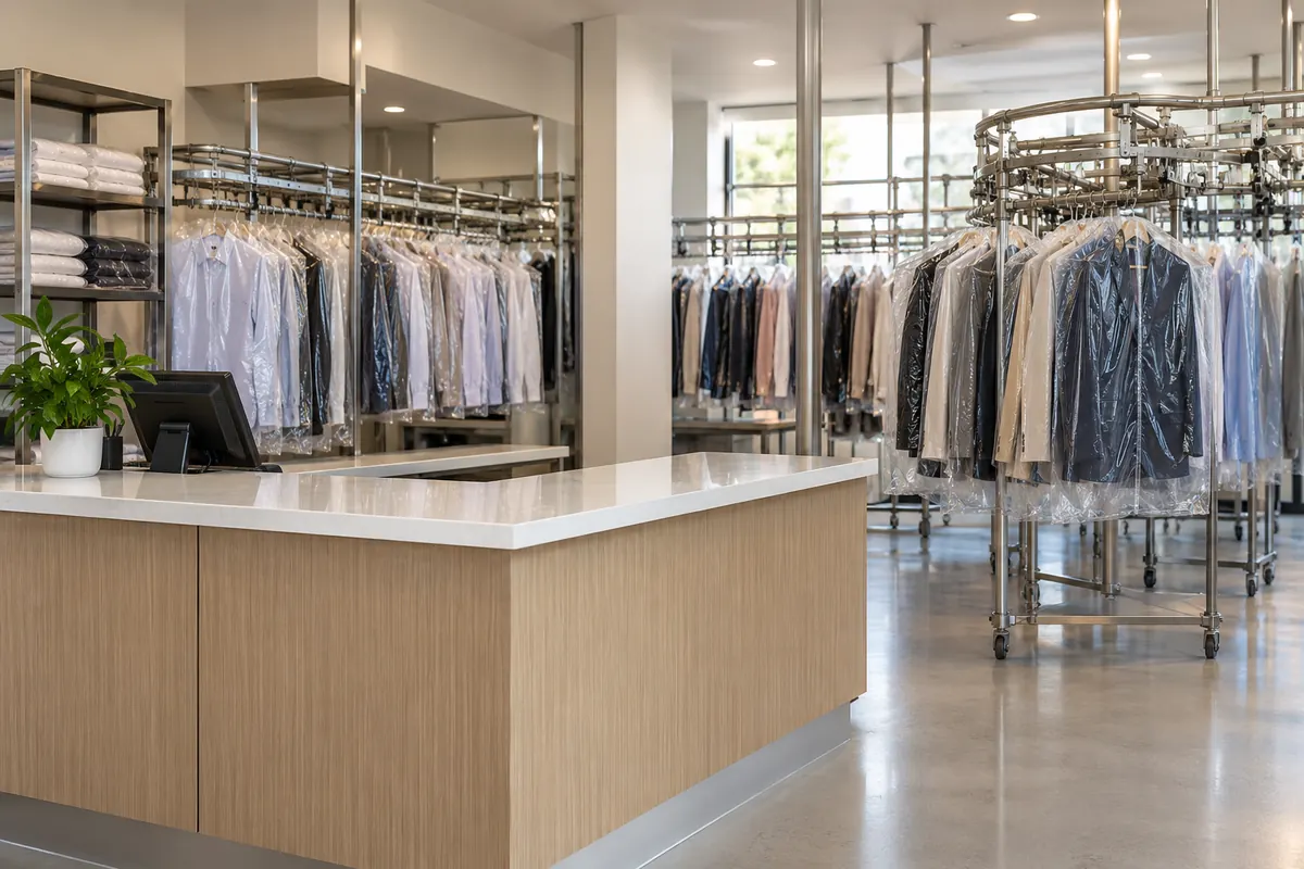Dry cleaning counter and garment racks; AI-generated illustration, not the actual business