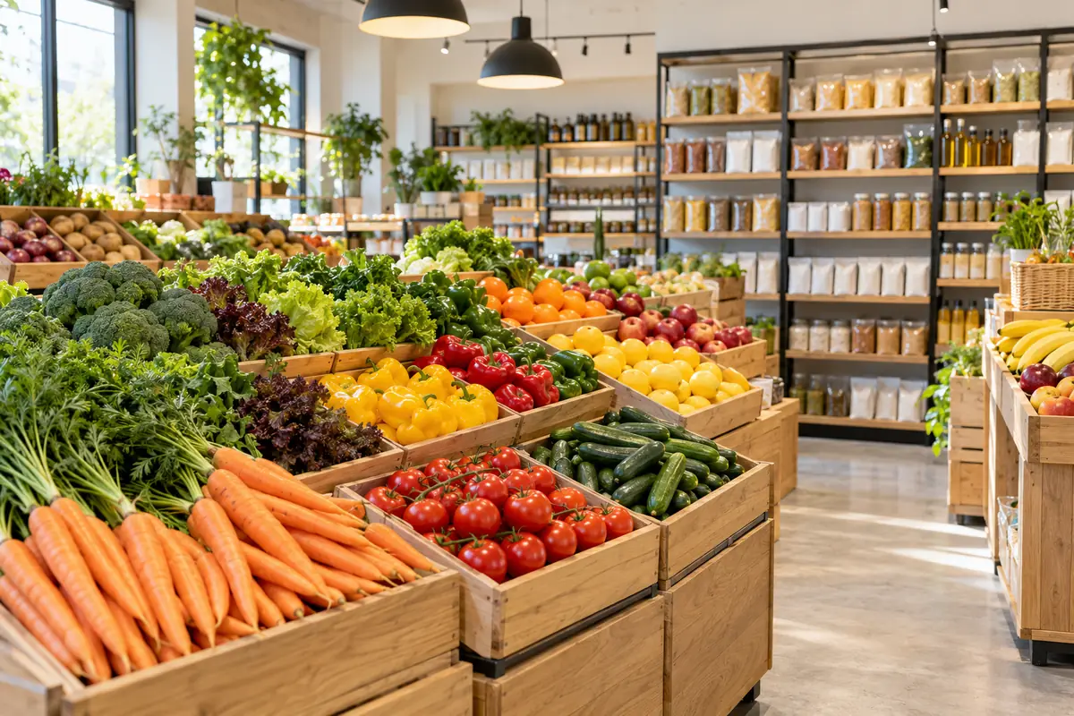Grocery market with fresh produce and shelves; AI-generated illustration, not the actual business