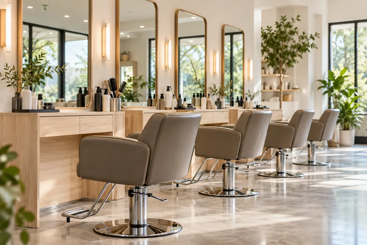 Hair salon chairs and mirrors; AI-generated illustration, not the actual business