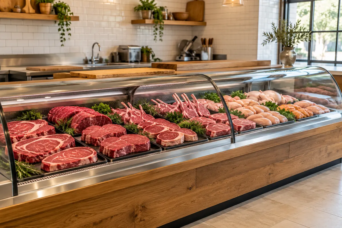Fresh meat display in a butcher shop; AI-generated illustration, not the actual business