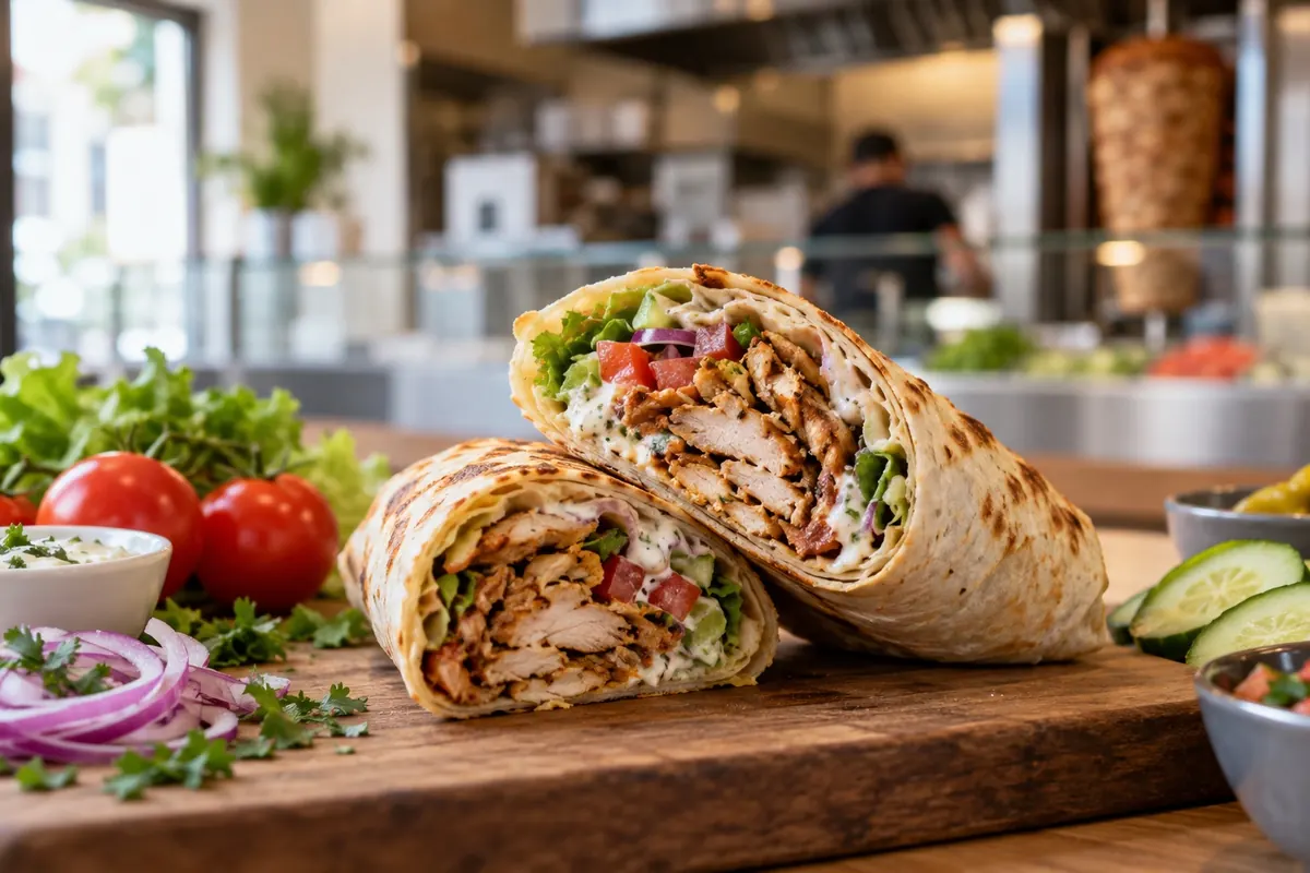 Shawarma wraps and fresh ingredients; AI-generated illustration, not the actual business