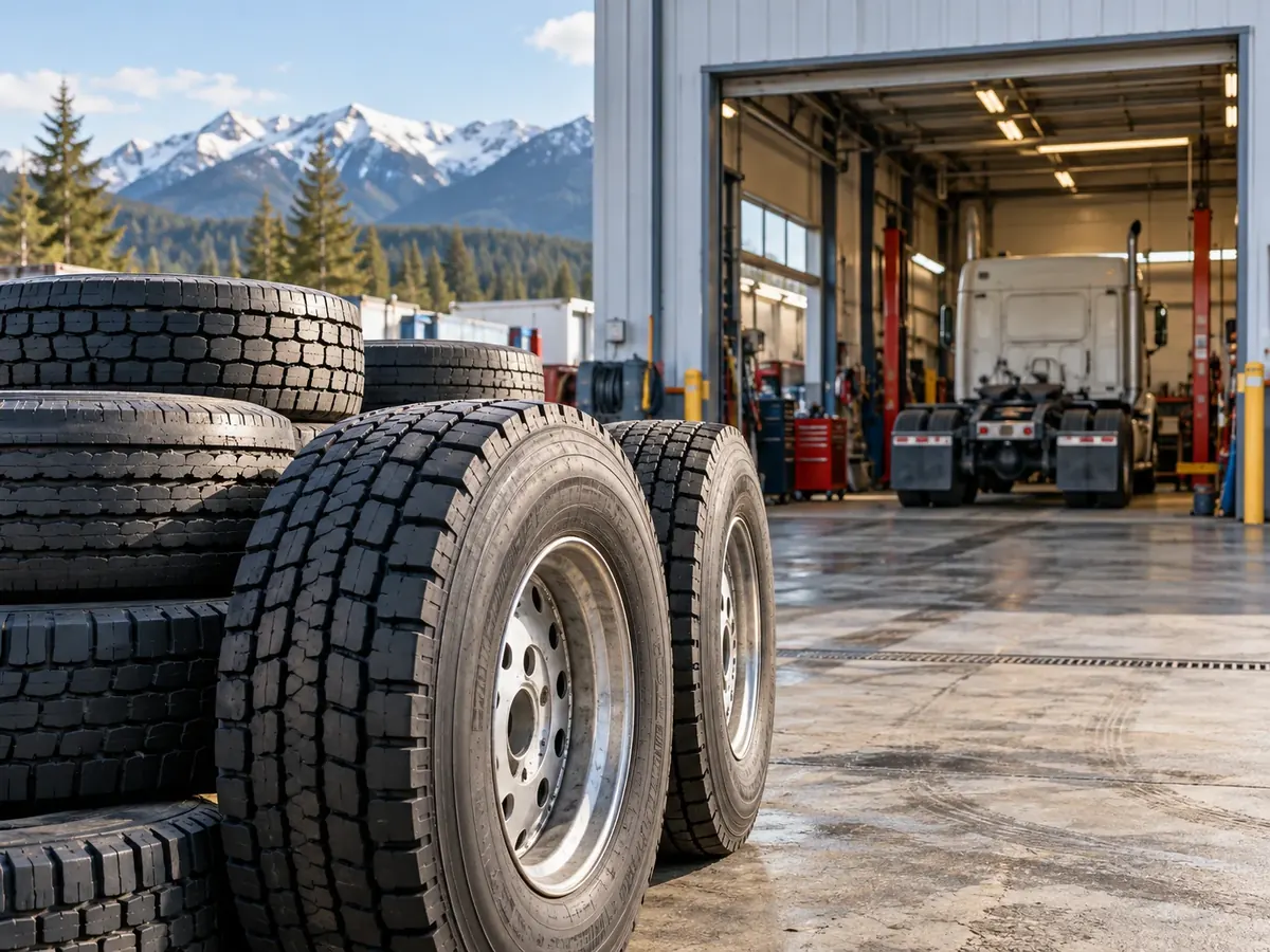 AI-generated truck tire shop illustration; not the actual business or its equipment