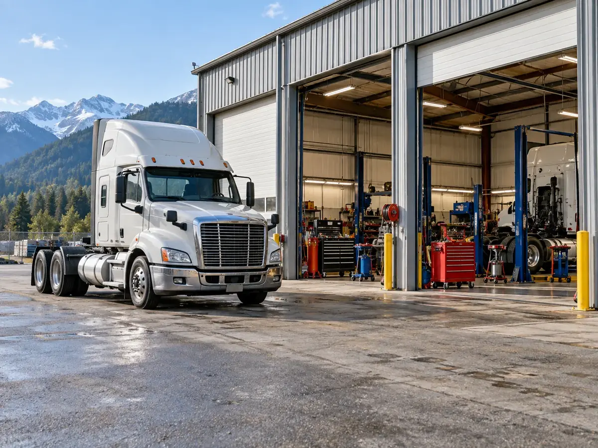AI-generated truck and trailer repair shop illustration; not the actual business or its equipment