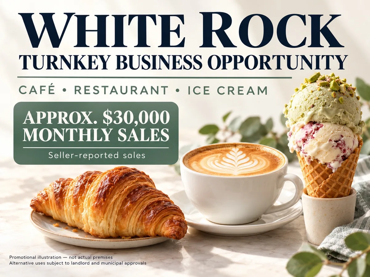 AI-generated White Rock cafe marketing graphic with coffee, croissant and ice cream; not actual premises or products